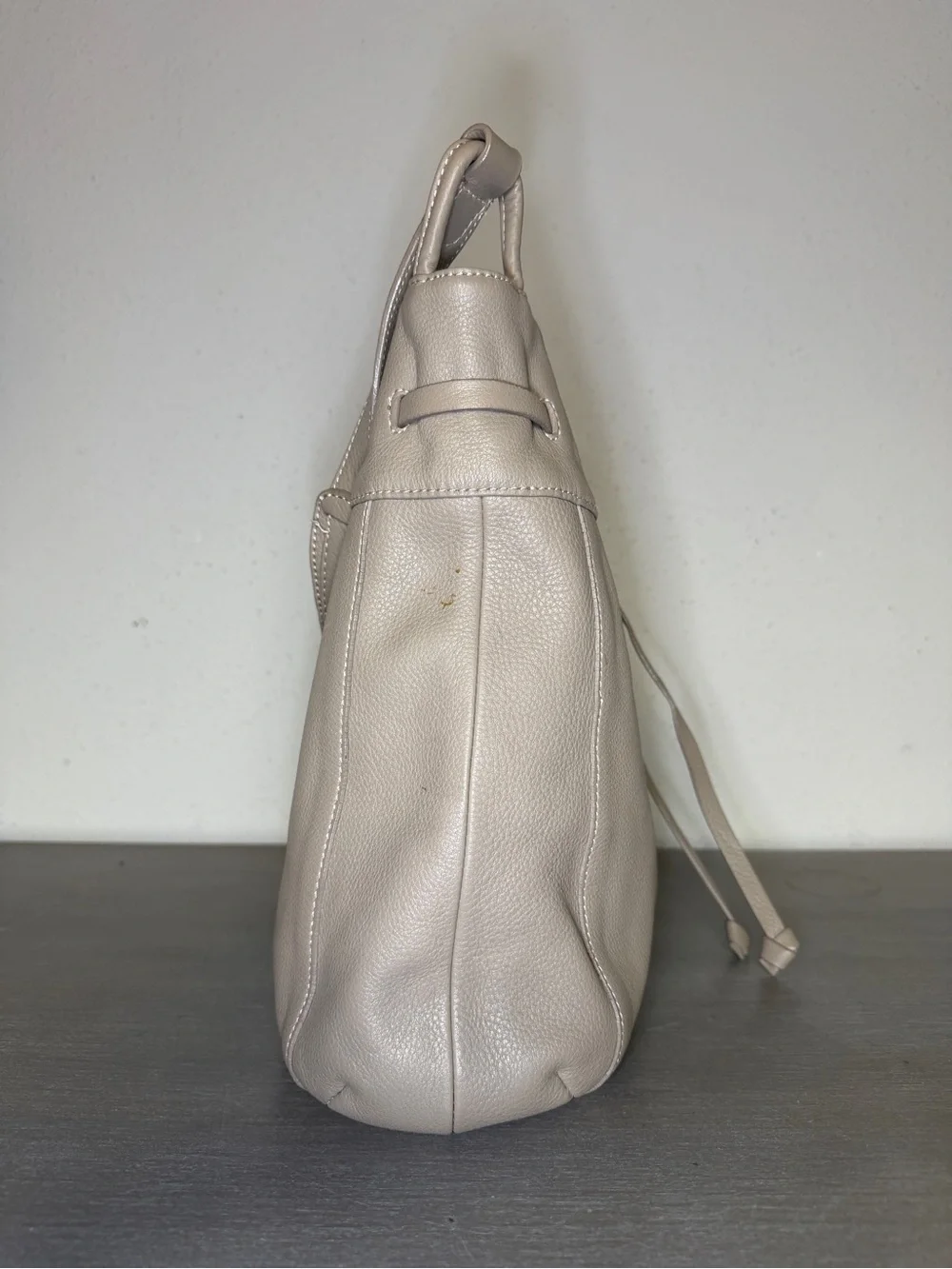 J. Jill Taupe Pebbled Leather Drawstring Bucket Bag Shoulder Purse Handbag